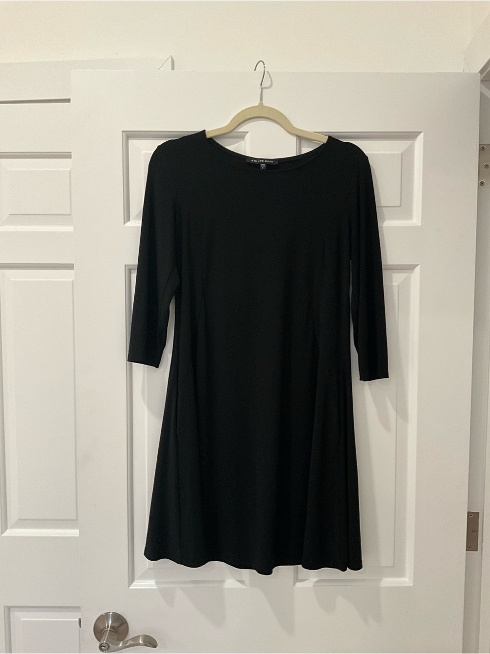 Black Women's A-Line Dress with Three-Quarter Sleeves
